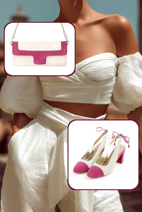 Women's fuchsia pink and off white elegant slingback heels. Round toe. Medium block heels - Worn view